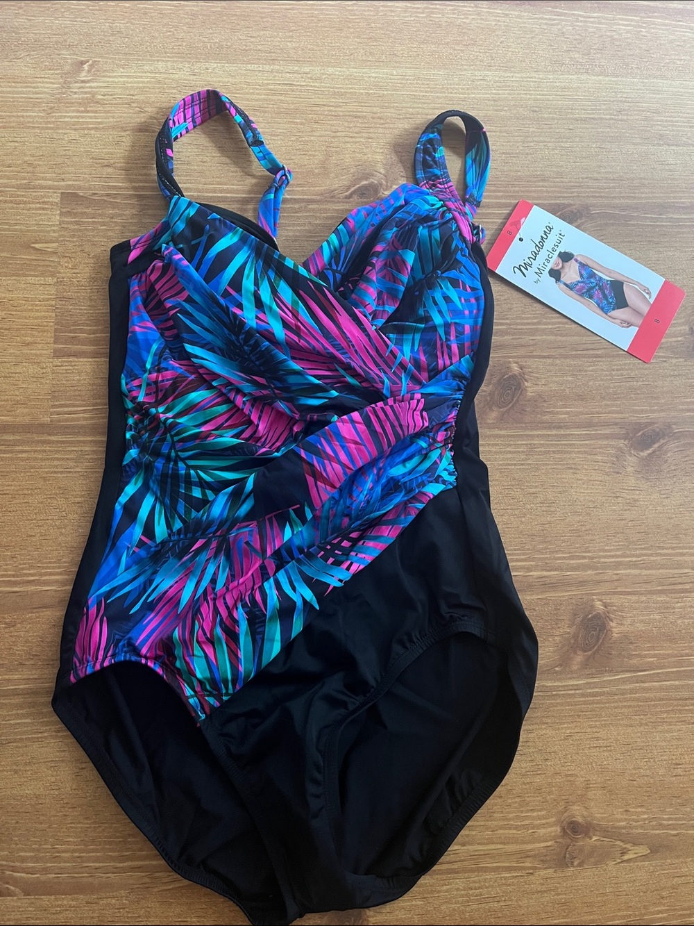 NWT Miraclesuit One-Piece Swimsuit, Black with Blue & Pink Palm Leaves, size 8
